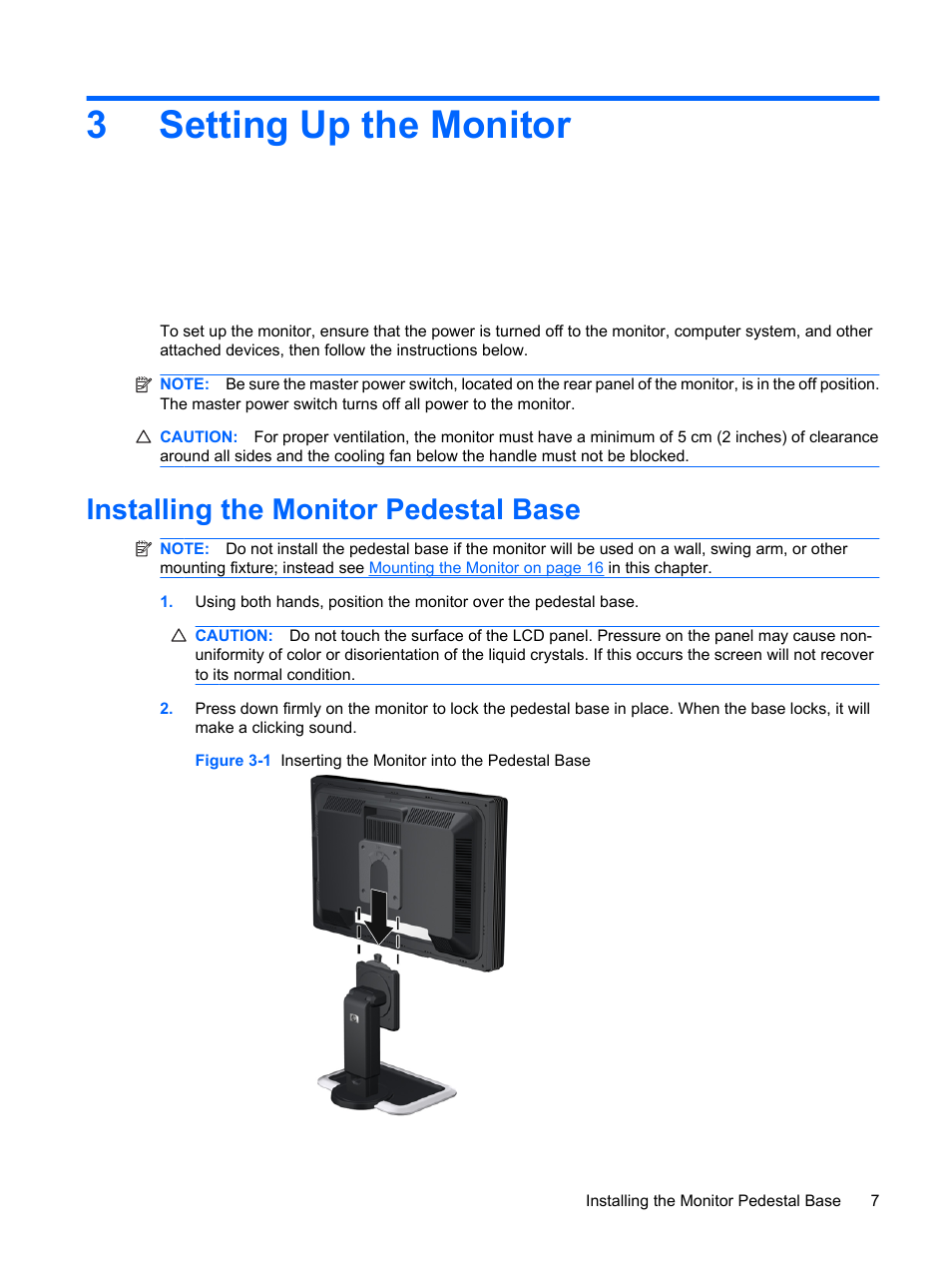 Setting up the monitor, Installing the monitor pedestal base, 3 setting up the monitor | 3setting up the monitor | HP DreamColor LP2480zx Professional Monitor User Manual | Page 13 / 59