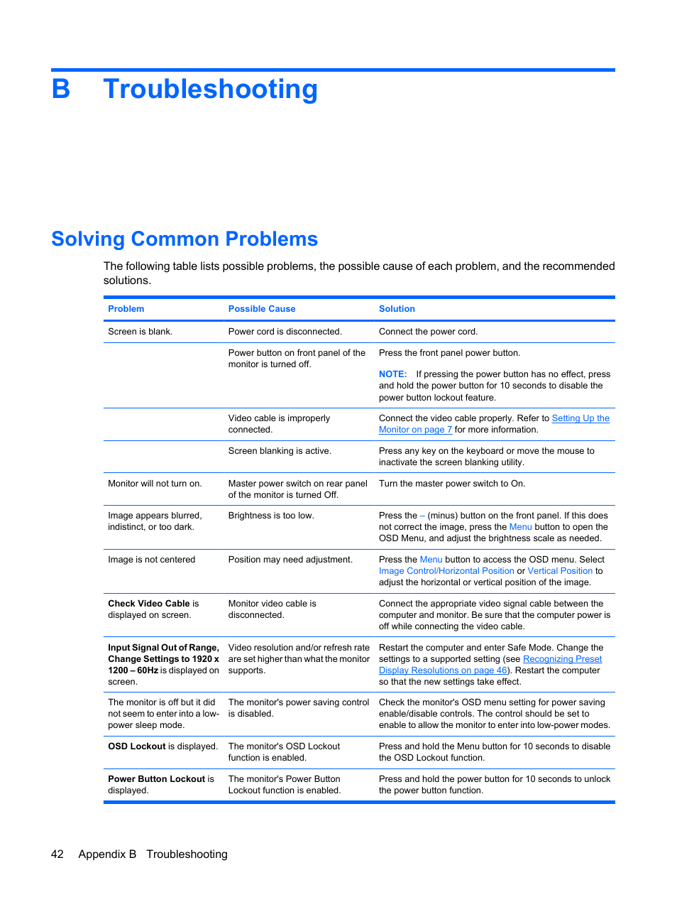 Troubleshooting, Solving common problems, Appendix b troubleshooting | Btroubleshooting | HP DreamColor LP2480zx Professional Monitor User Manual | Page 48 / 59