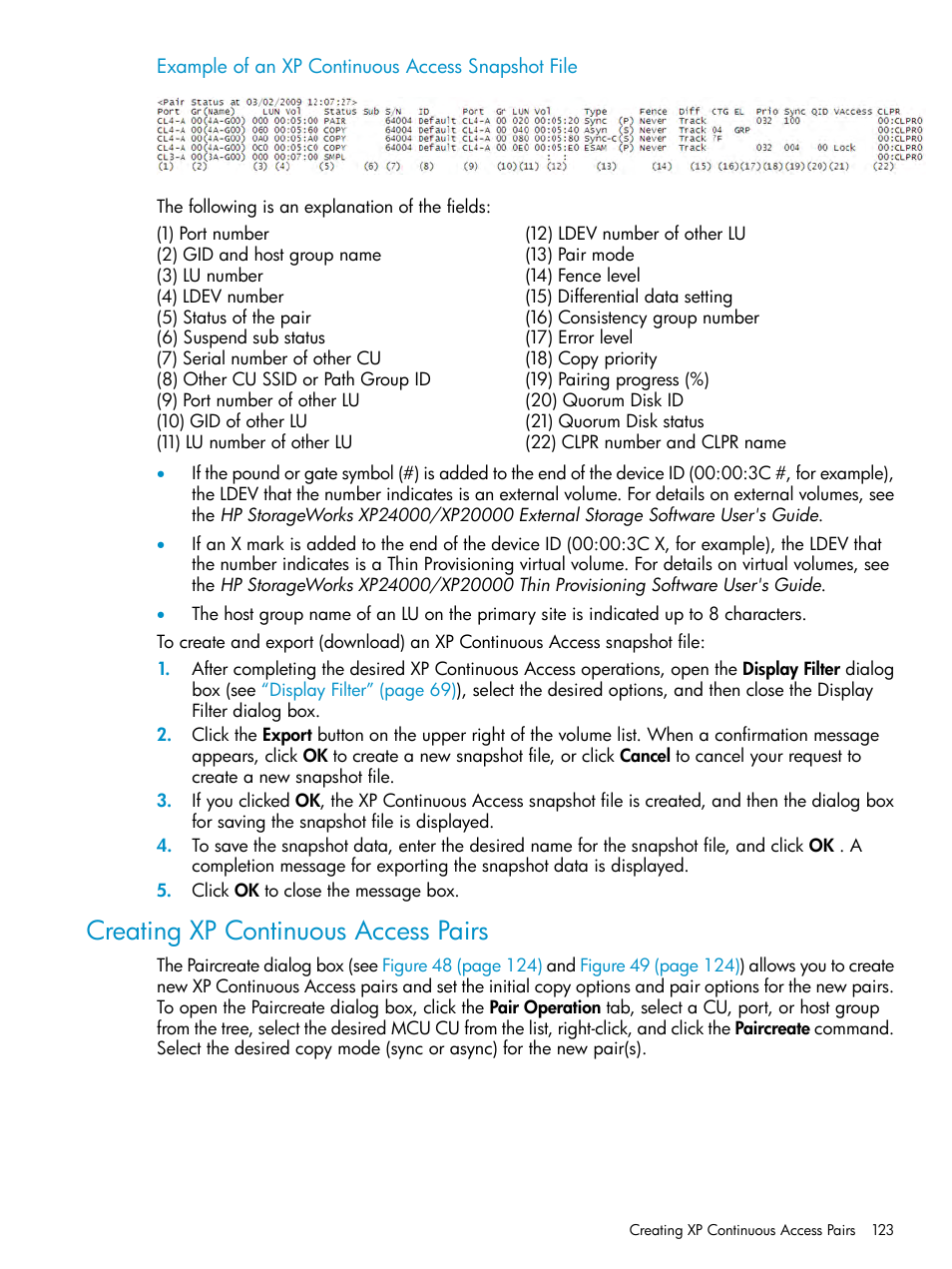 Creating xp continuous access pairs, Example of an xp, Continuous access snapshot file | HP StorageWorks XP Remote Web Console Software User Manual | Page 123 / 180