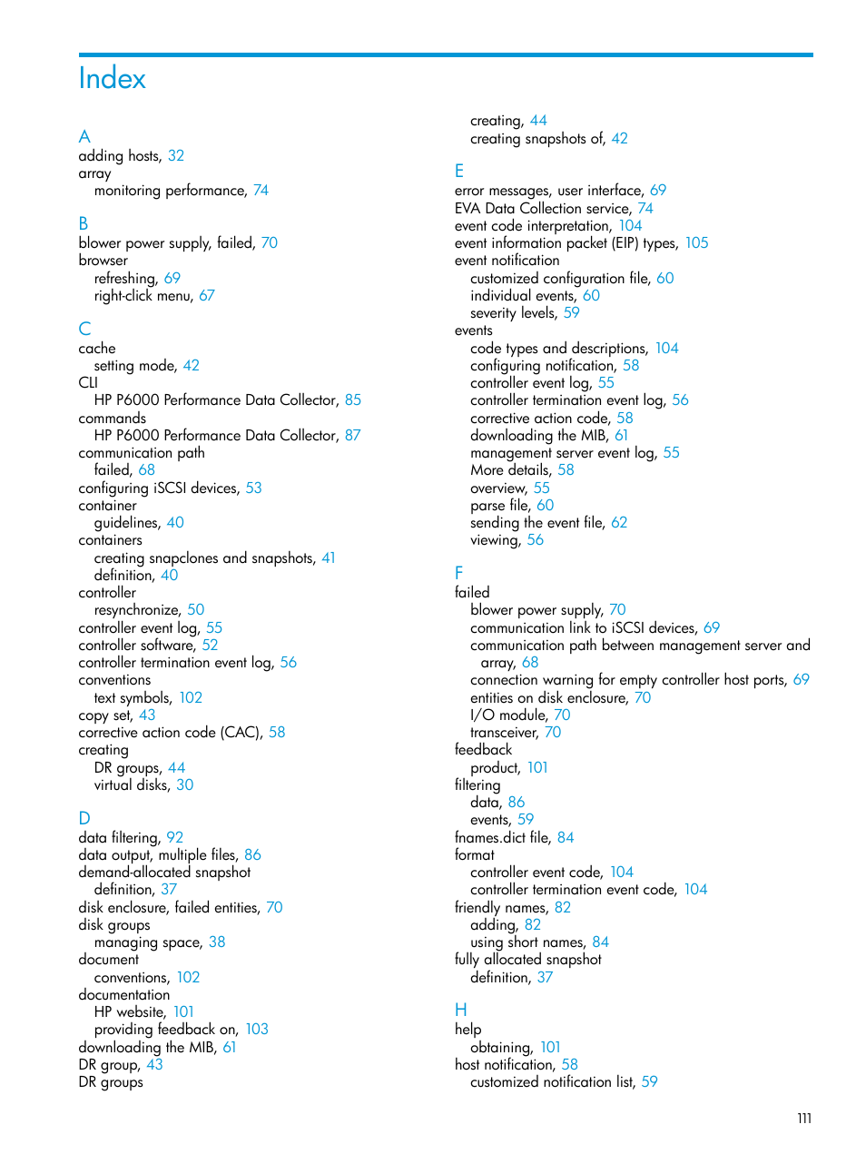 Index | HP Command View EVA Software User Manual | Page 111 / 113