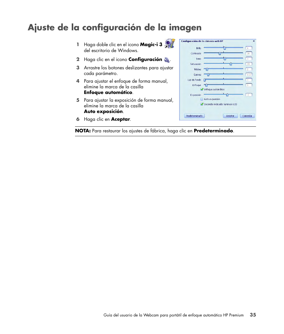 Ajuste de la configuración de la imagen | HP 2-Megapixel Autofocus Webcam User Manual | Page 37 / 241