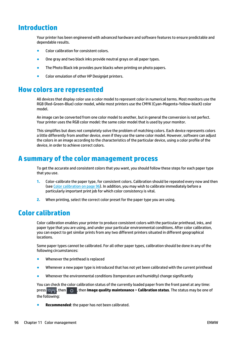 Introduction, How colors are represented, A summary of the color management process | Color calibration | HP Designjet T920 ePrinter series User Manual | Page 104 / 210