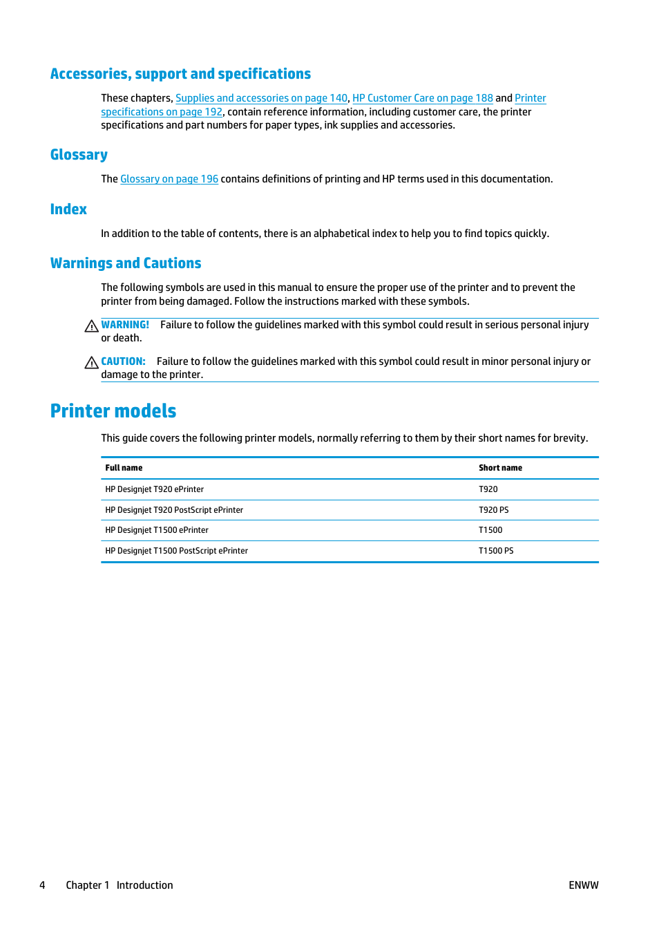 Accessories, support and specifications, Glossary, Index | Warnings and cautions, Printer models | HP Designjet T920 ePrinter series User Manual | Page 12 / 210