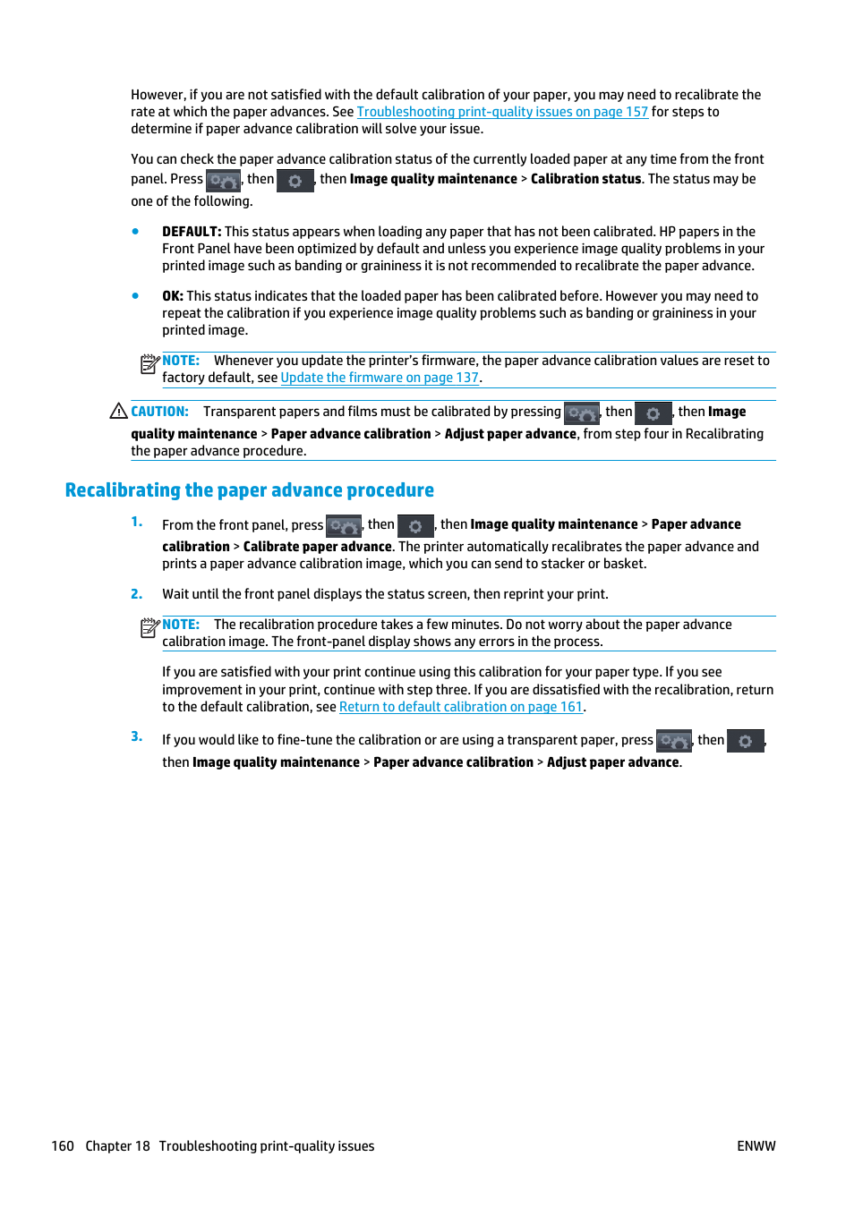 Recalibrating the paper advance procedure | HP Designjet T920 ePrinter series User Manual | Page 168 / 210