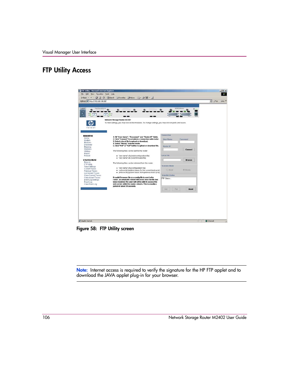 Ftp utility access, Figure 58: ftp utility screen | HP Network Storage Router m2402 User Manual | Page 100 / 244