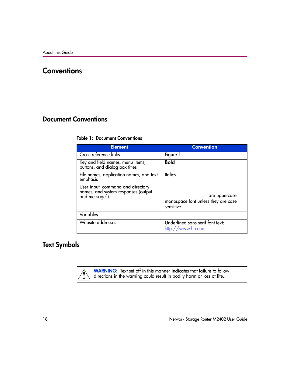 Conventions, Document conventions, Table 1: document conventions | Text symbols, Document conventions text symbols | HP Network Storage Router m2402 User Manual | Page 12 / 244