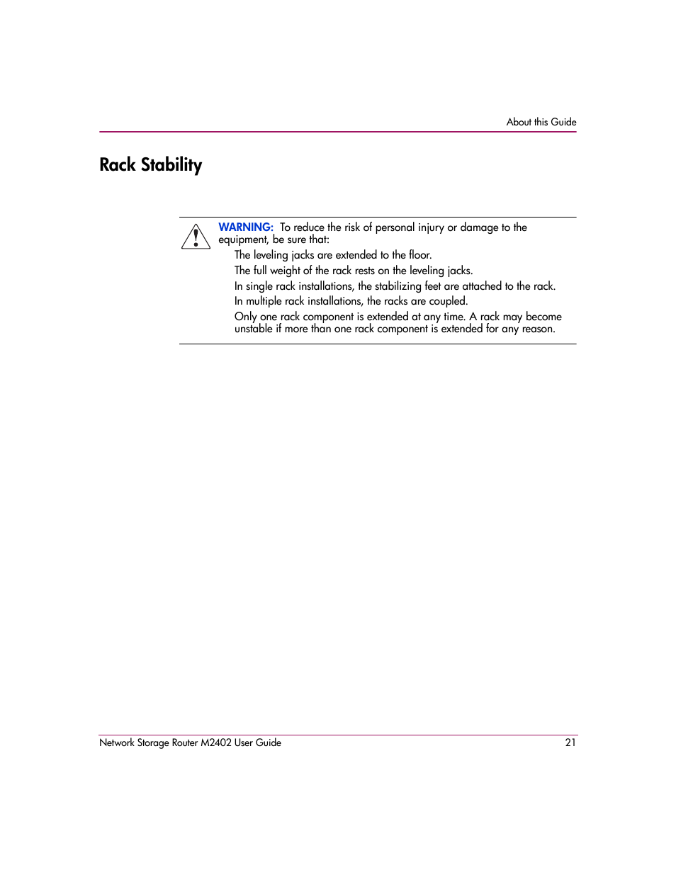 Rack stability | HP Network Storage Router m2402 User Manual | Page 15 / 244