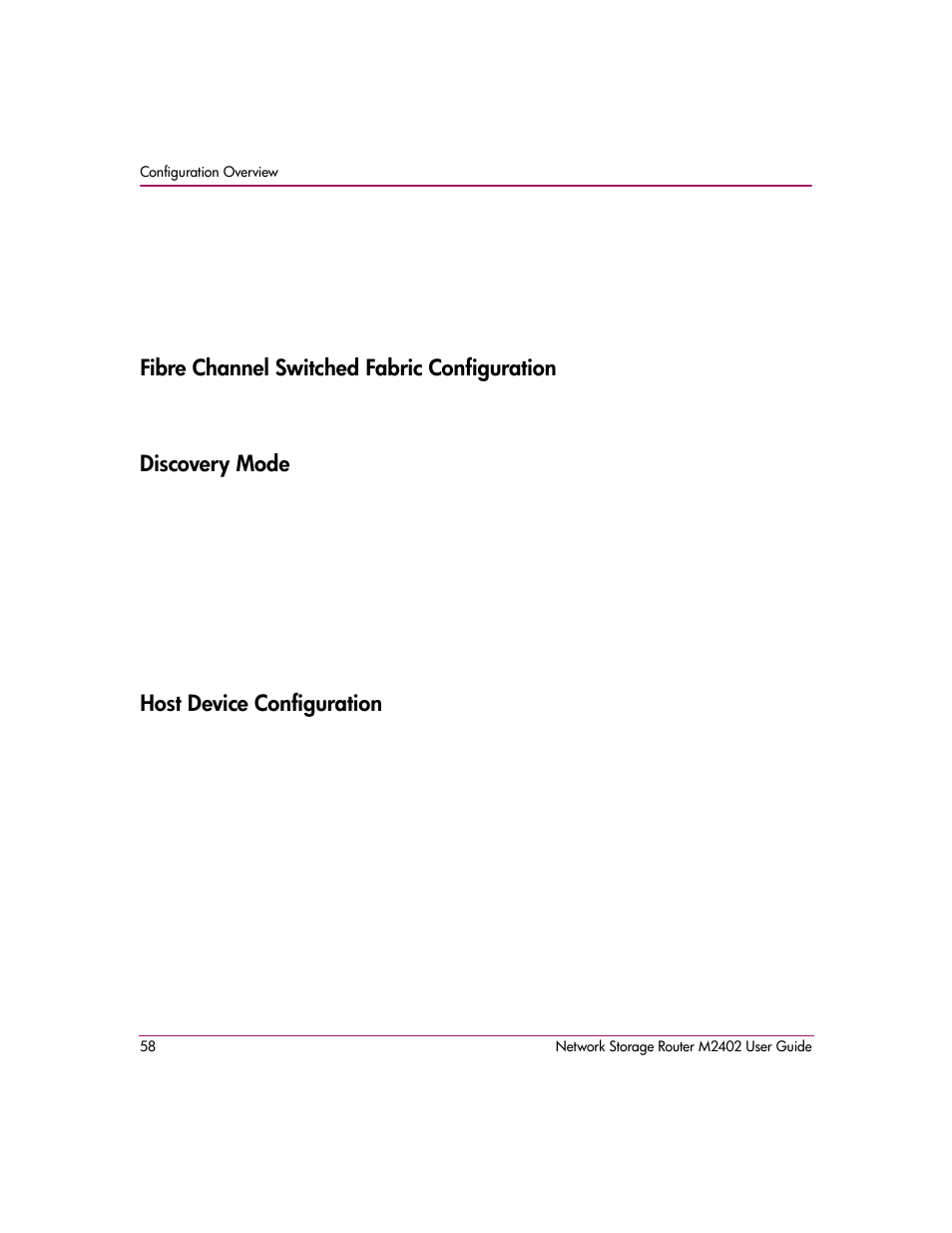 Fibre channel switched fabric configuration, Discovery mode, Host device configuration | HP Network Storage Router m2402 User Manual | Page 52 / 244