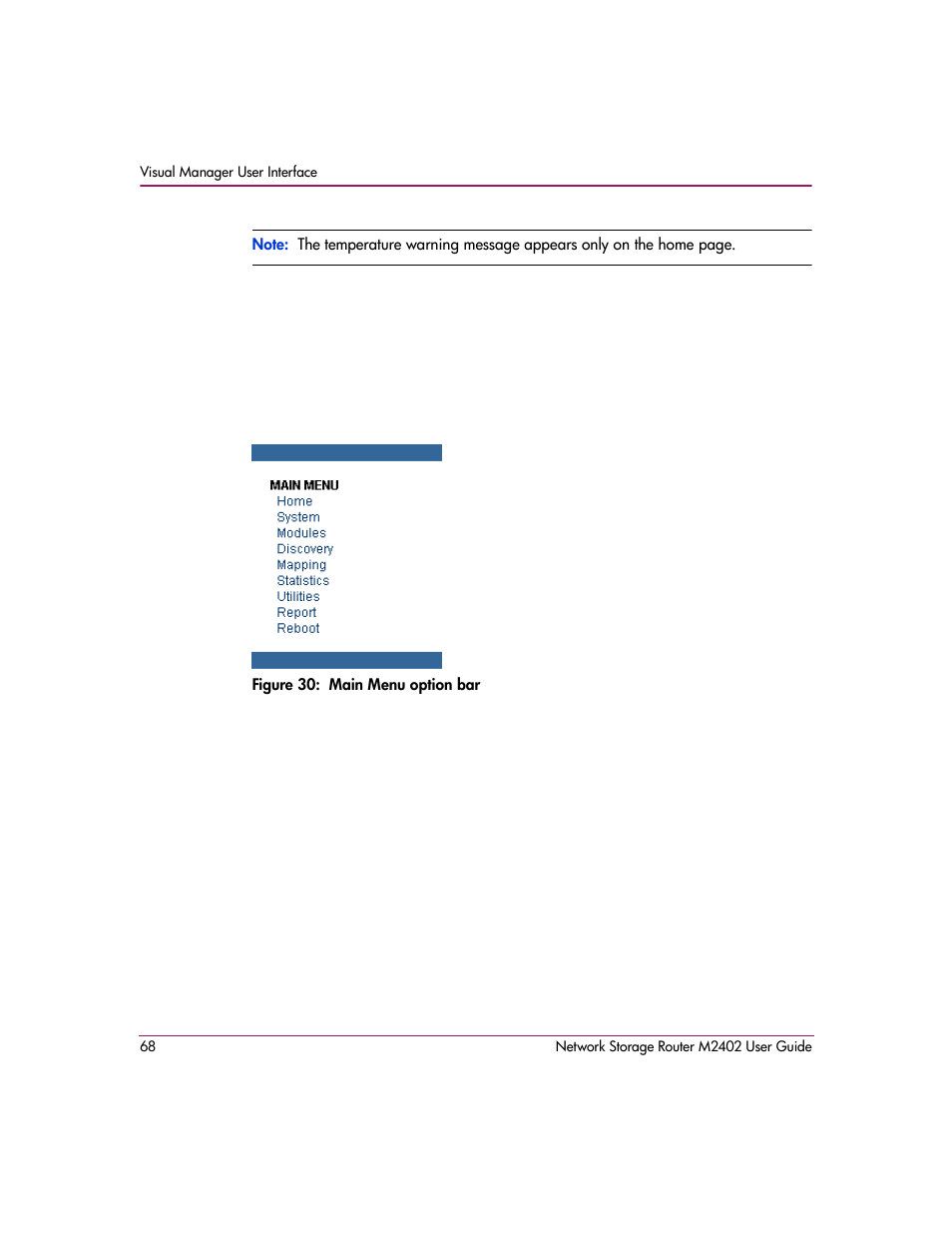 Figure 30: main menu option bar | HP Network Storage Router m2402 User Manual | Page 62 / 244