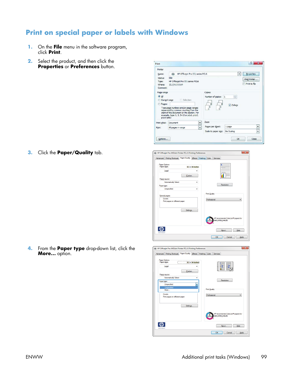 Print on special paper or labels with windows | HP Officejet Pro X551 Printer series User Manual | Page 113 / 250