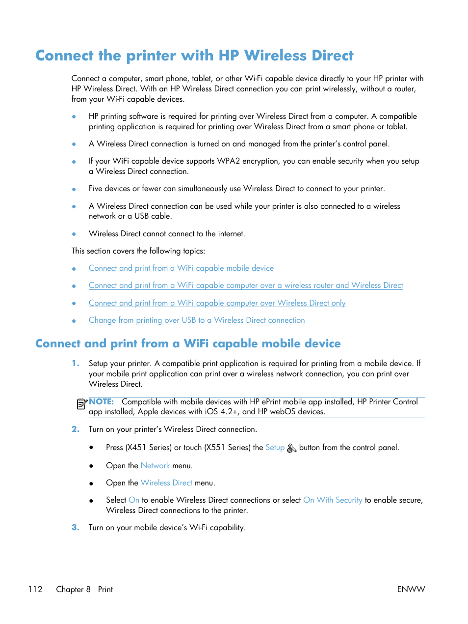 Connect the printer with hp wireless direct | HP Officejet Pro X551 Printer series User Manual | Page 126 / 250