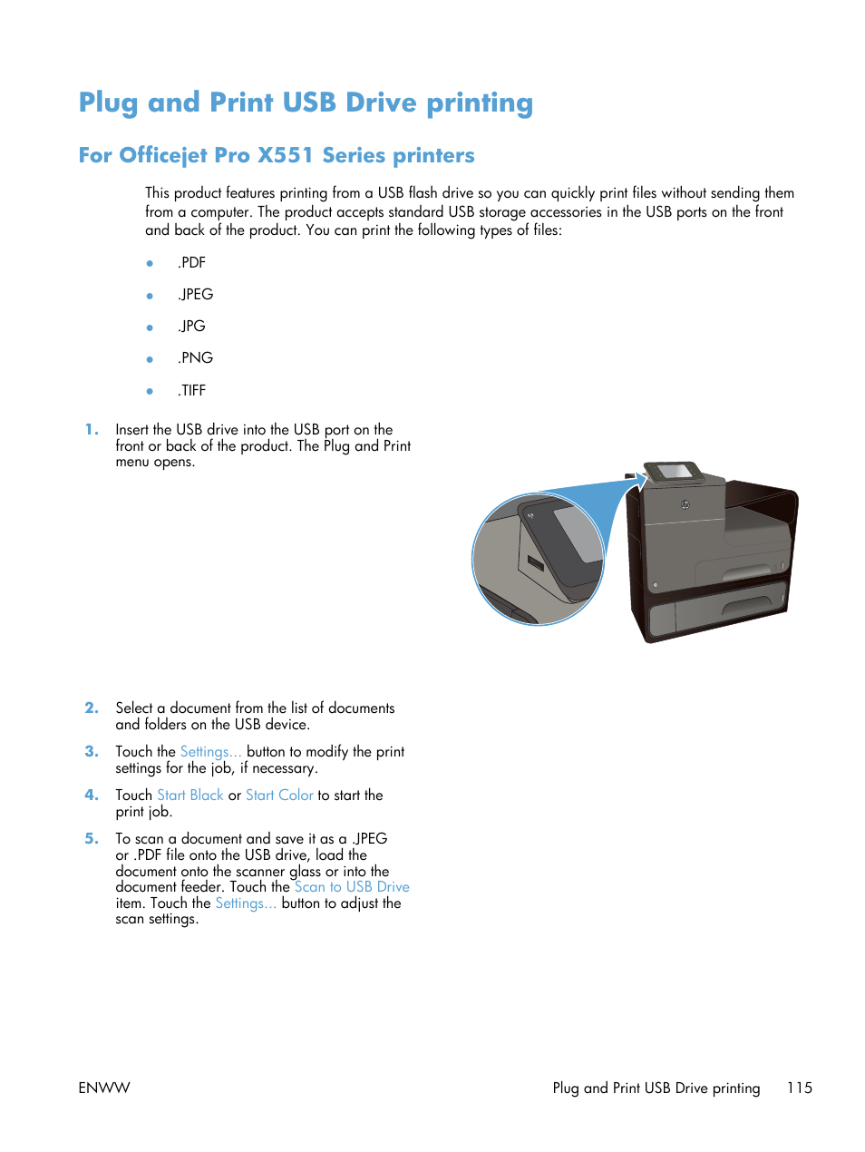 Plug and print usb drive printing, For officejet pro x551 series printers | HP Officejet Pro X551 Printer series User Manual | Page 129 / 250