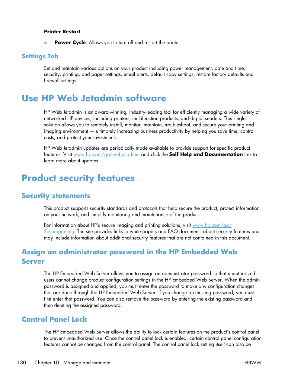 Settings tab, Use hp web jetadmin software, Product security features | Security statements, Control panel lock | HP Officejet Pro X551 Printer series User Manual | Page 144 / 250
