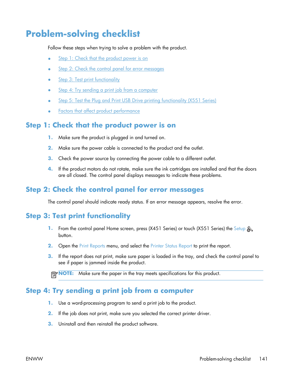 Problem-solving checklist, Step 1: check that the product power is on, Step 2: check the control panel for error messages | Step 3: test print functionality, Step 4: try sending a print job from a computer | HP Officejet Pro X551 Printer series User Manual | Page 155 / 250