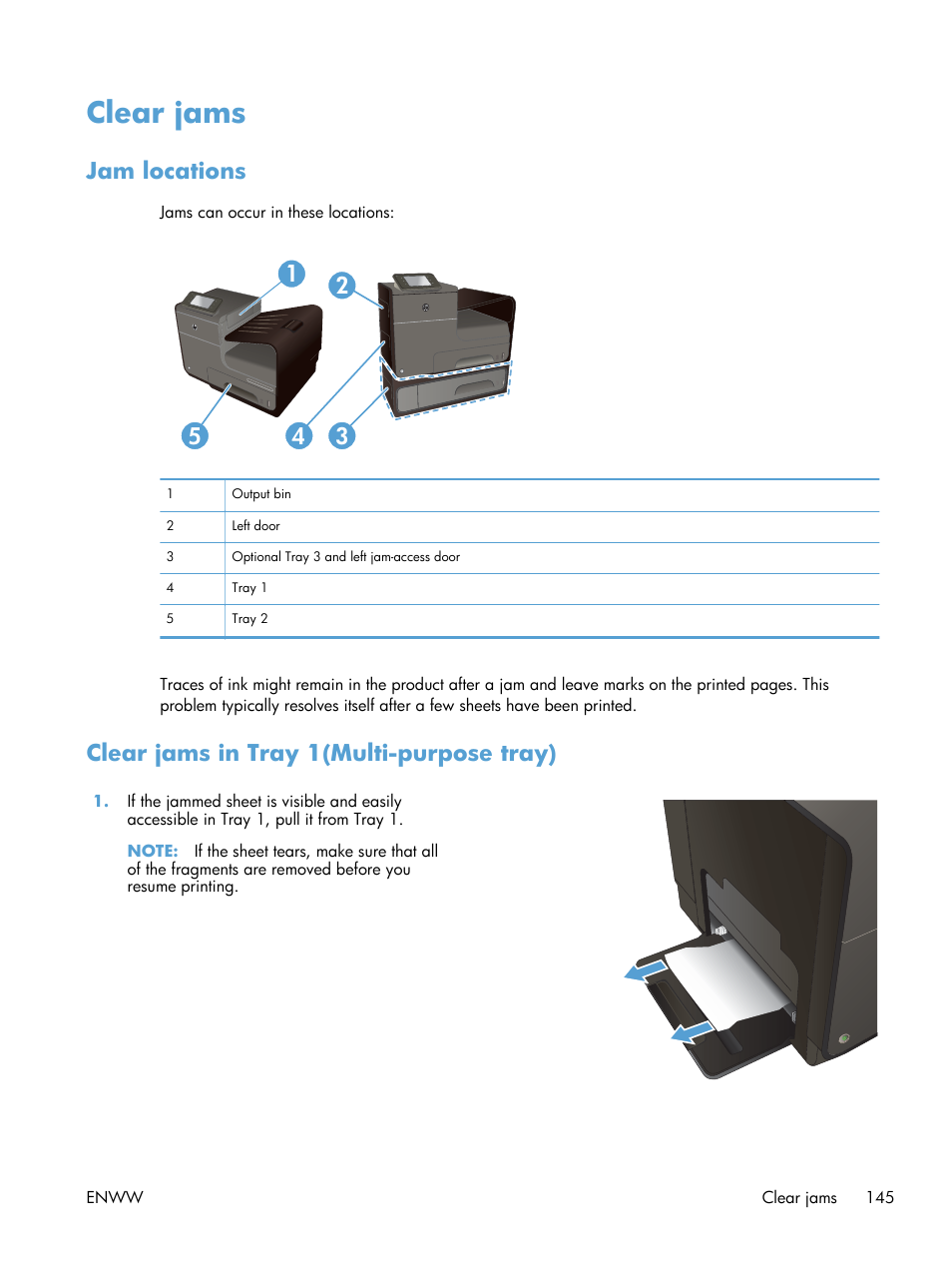 Clear jams, Jam locations, Clear jams in tray 1(multi-purpose tray) | HP Officejet Pro X551 Printer series User Manual | Page 159 / 250