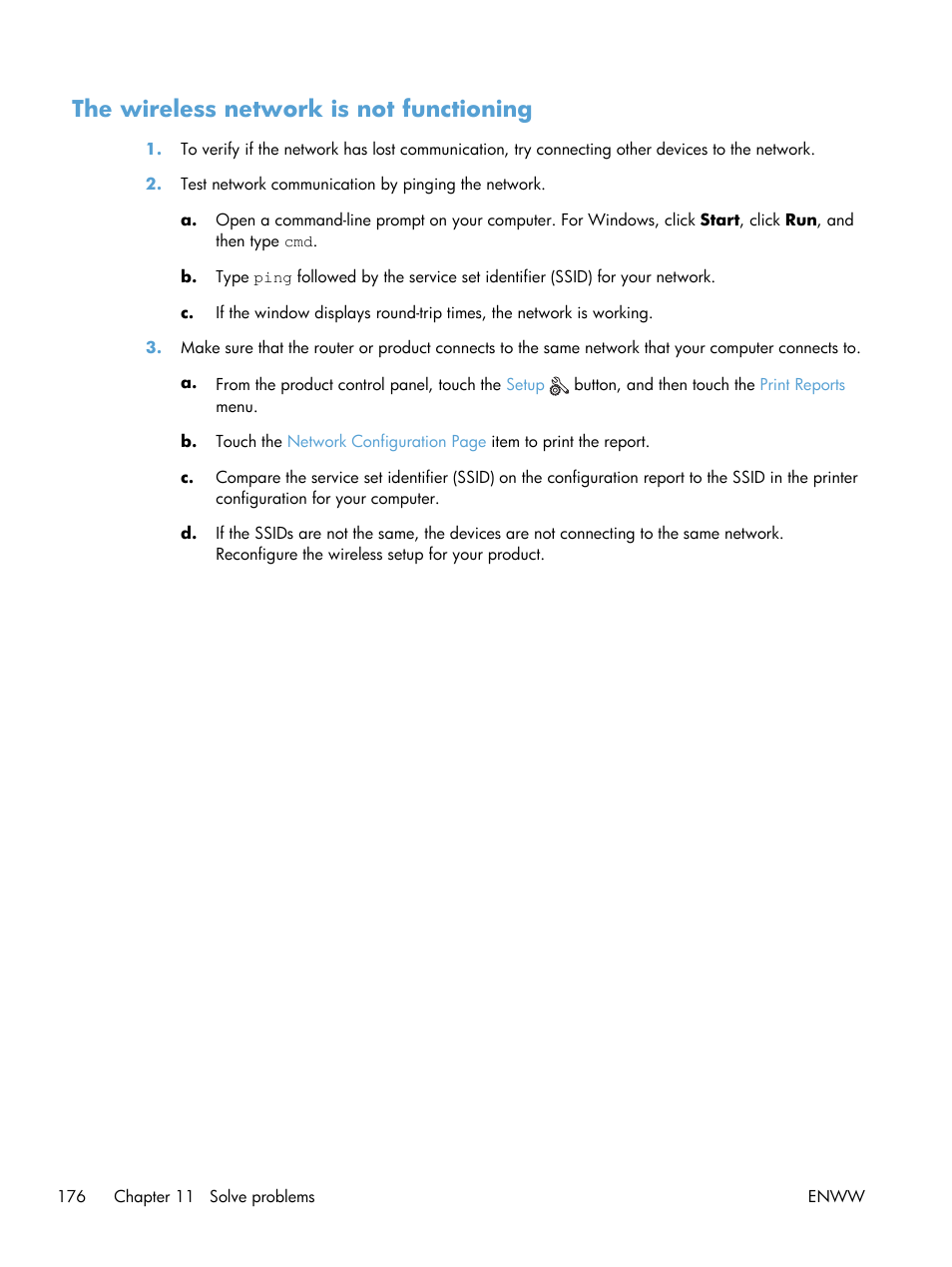The wireless network is not functioning | HP Officejet Pro X551 Printer series User Manual | Page 190 / 250