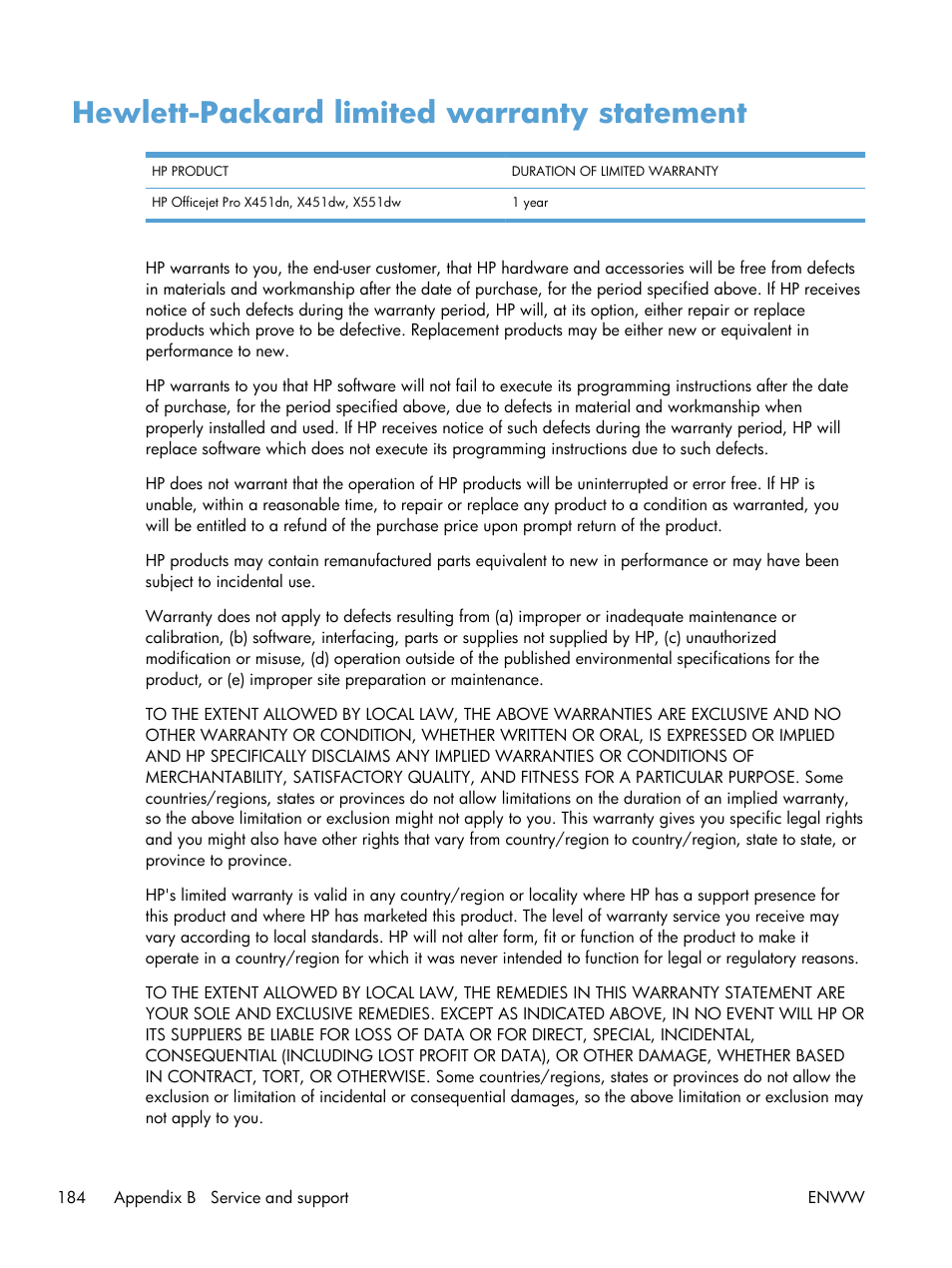 Hewlett-packard limited warranty statement | HP Officejet Pro X551 Printer series User Manual | Page 198 / 250