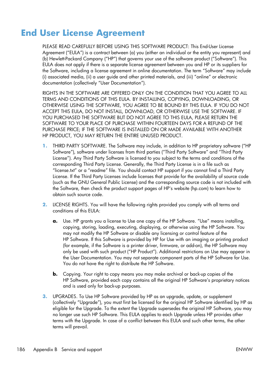 End user license agreement | HP Officejet Pro X551 Printer series User Manual | Page 200 / 250