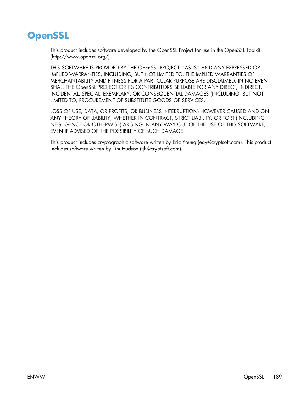 Openssl | HP Officejet Pro X551 Printer series User Manual | Page 203 / 250