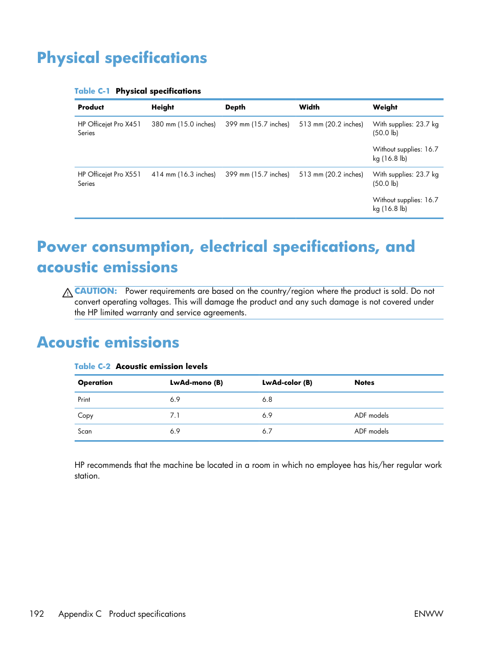 Physical specifications, Acoustic emissions | HP Officejet Pro X551 Printer series User Manual | Page 206 / 250
