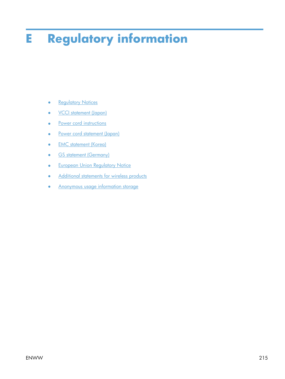Regulatory information, Appendix e regulatory information, Eregulatory information | HP Officejet Pro X551 Printer series User Manual | Page 229 / 250