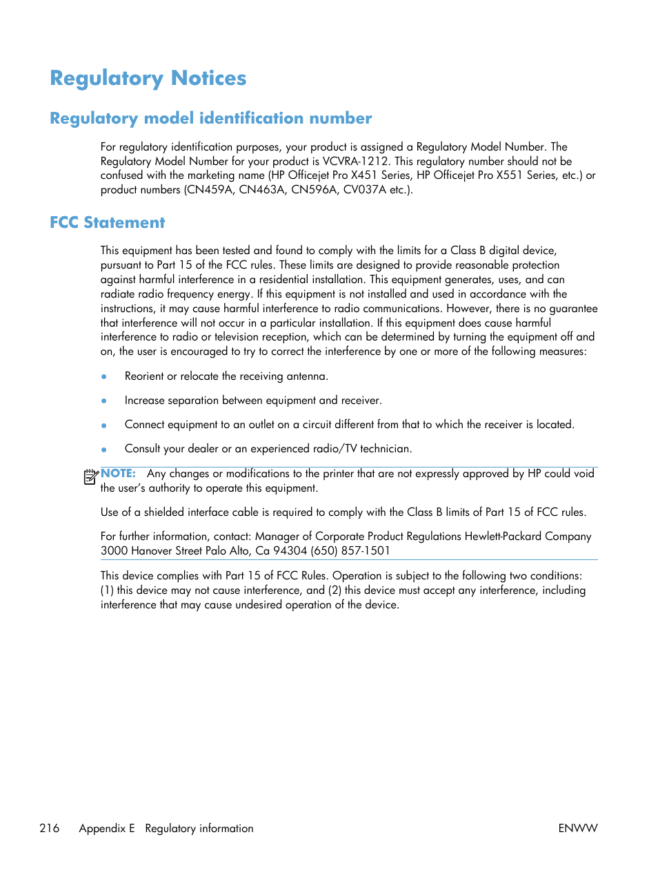 Regulatory notices, Regulatory model identification number, Fcc statement | HP Officejet Pro X551 Printer series User Manual | Page 230 / 250