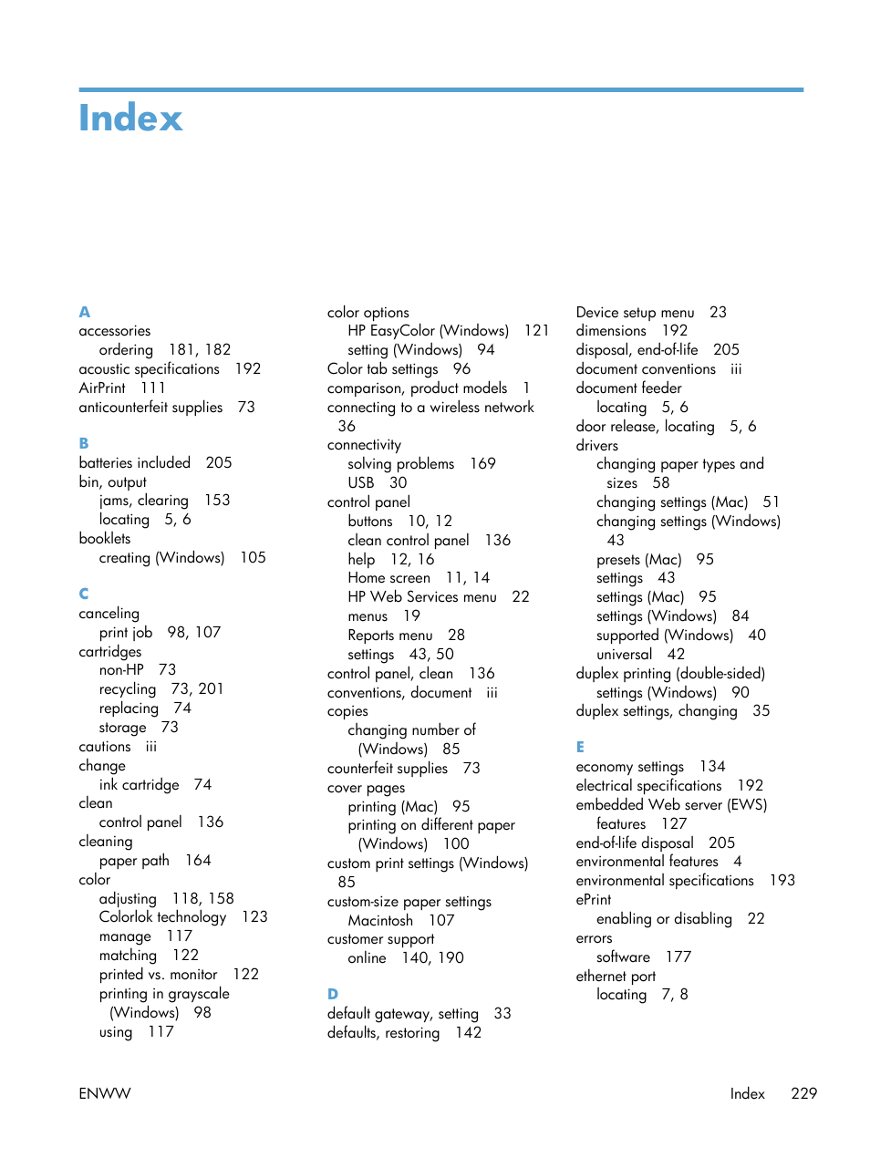 Index | HP Officejet Pro X551 Printer series User Manual | Page 243 / 250