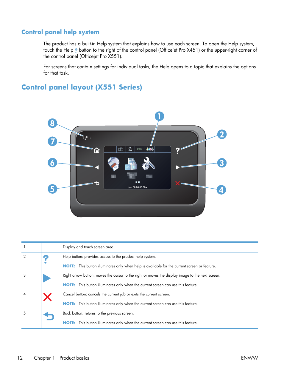 Control panel help system, Control panel layout (x551 series) | HP Officejet Pro X551 Printer series User Manual | Page 26 / 250