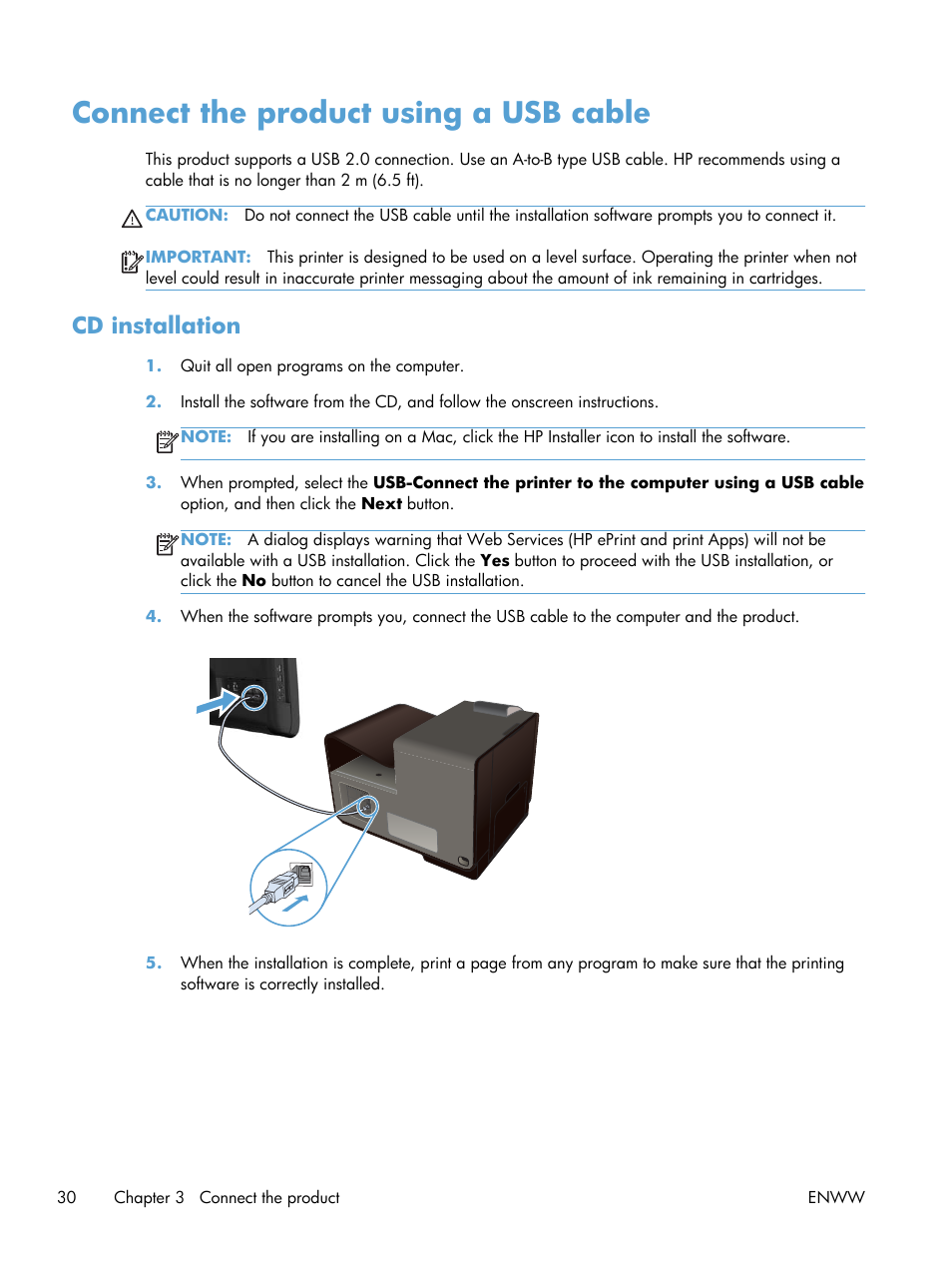 Connect the product using a usb cable, Cd installation | HP Officejet Pro X551 Printer series User Manual | Page 44 / 250