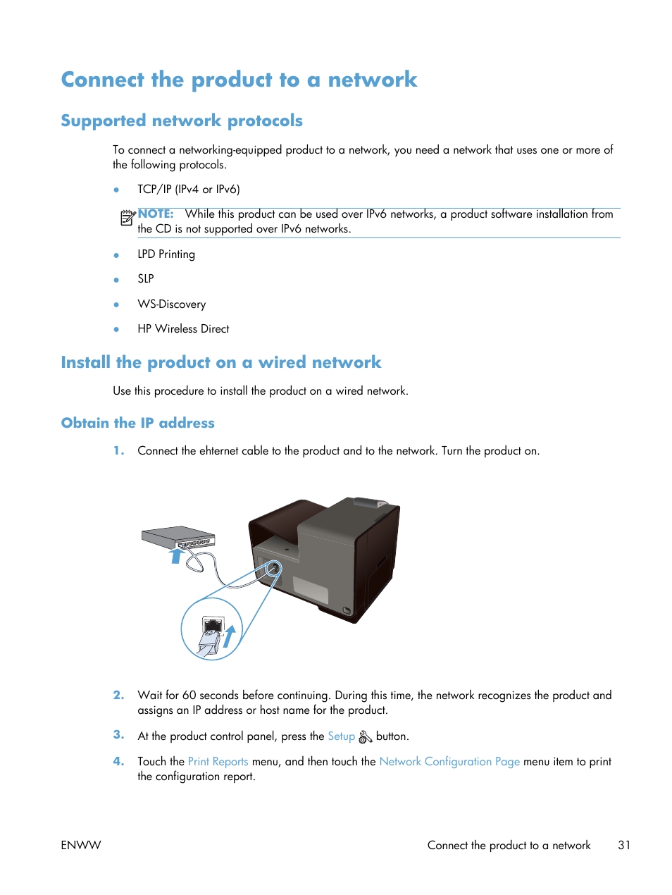 Connect the product to a network, Supported network protocols, Install the product on a wired network | Obtain the ip address | HP Officejet Pro X551 Printer series User Manual | Page 45 / 250