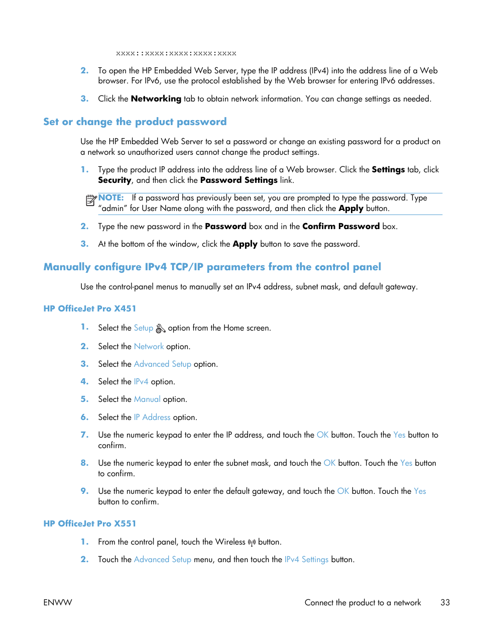 Set or change the product password | HP Officejet Pro X551 Printer series User Manual | Page 47 / 250