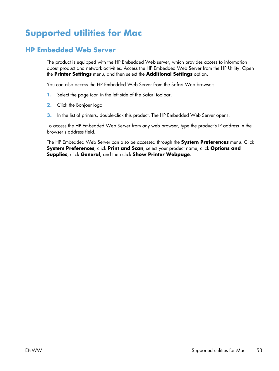 Supported utilities for mac, Hp embedded web server | HP Officejet Pro X551 Printer series User Manual | Page 67 / 250