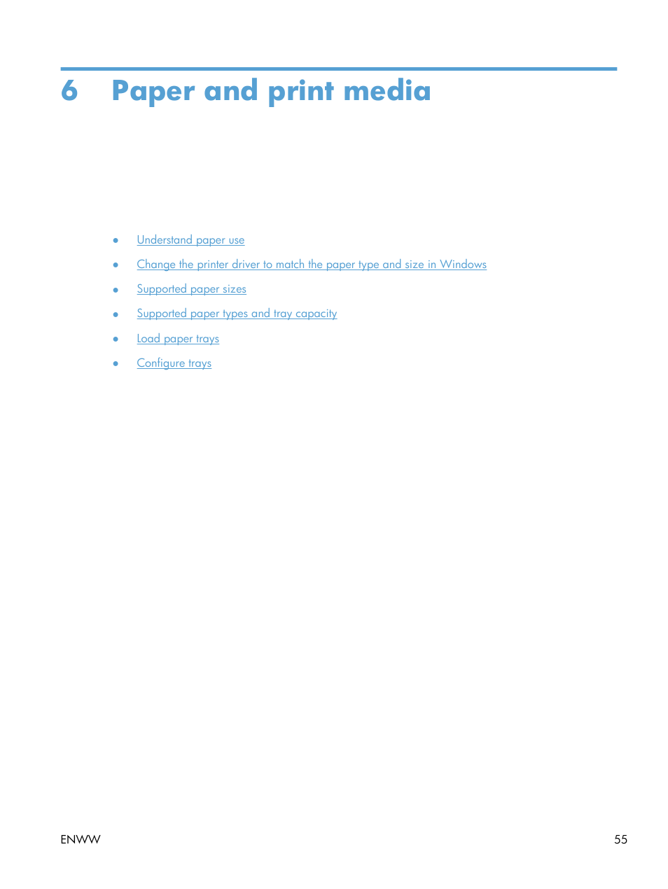 Paper and print media, 6 paper and print media | HP Officejet Pro X551 Printer series User Manual | Page 69 / 250