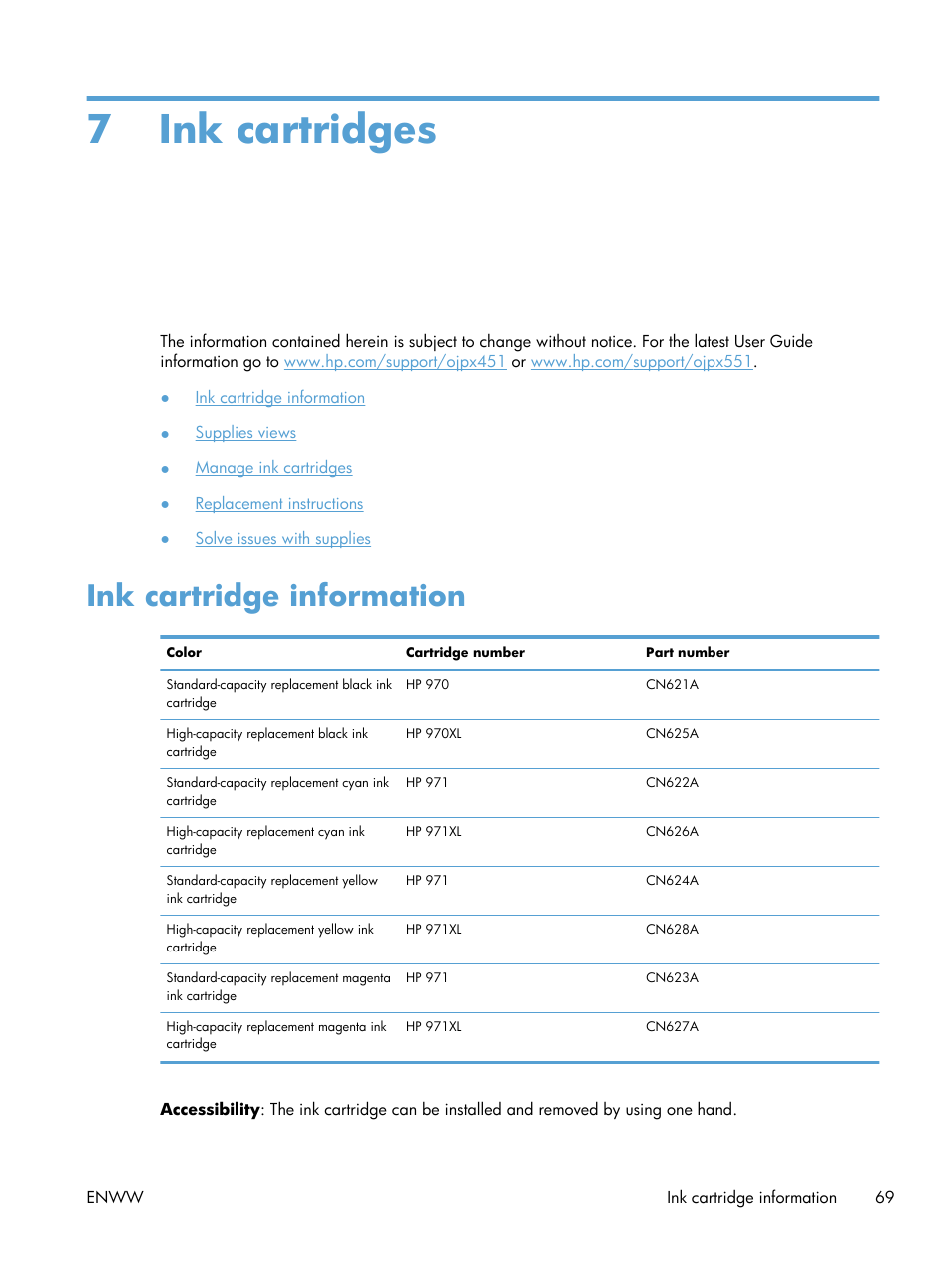 Ink cartridges, Ink cartridge information, 7 ink cartridges | HP Officejet Pro X551 Printer series User Manual | Page 83 / 250