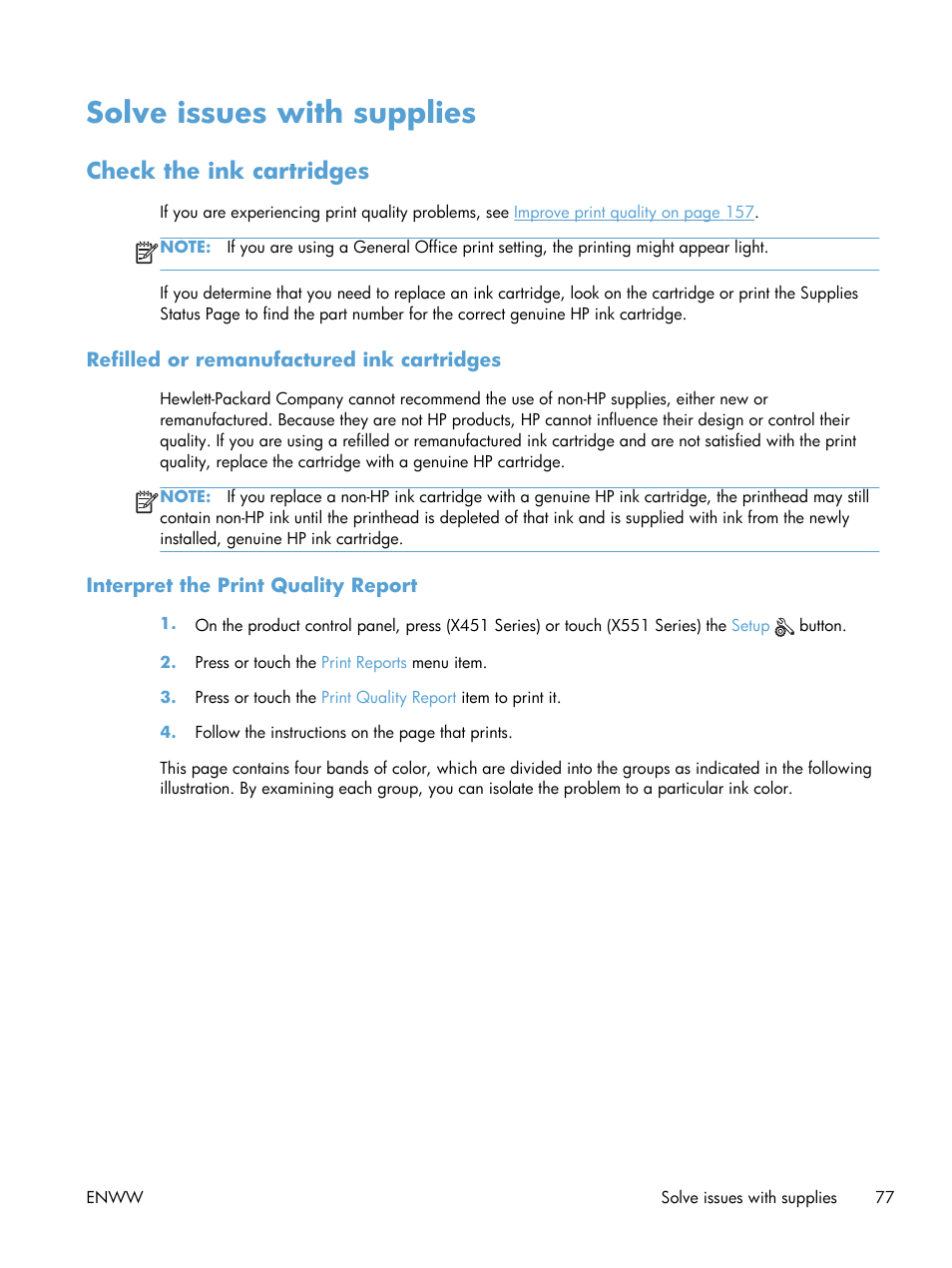 Solve issues with supplies, Check the ink cartridges, Refilled or remanufactured ink cartridges | Interpret the print quality report | HP Officejet Pro X551 Printer series User Manual | Page 91 / 250