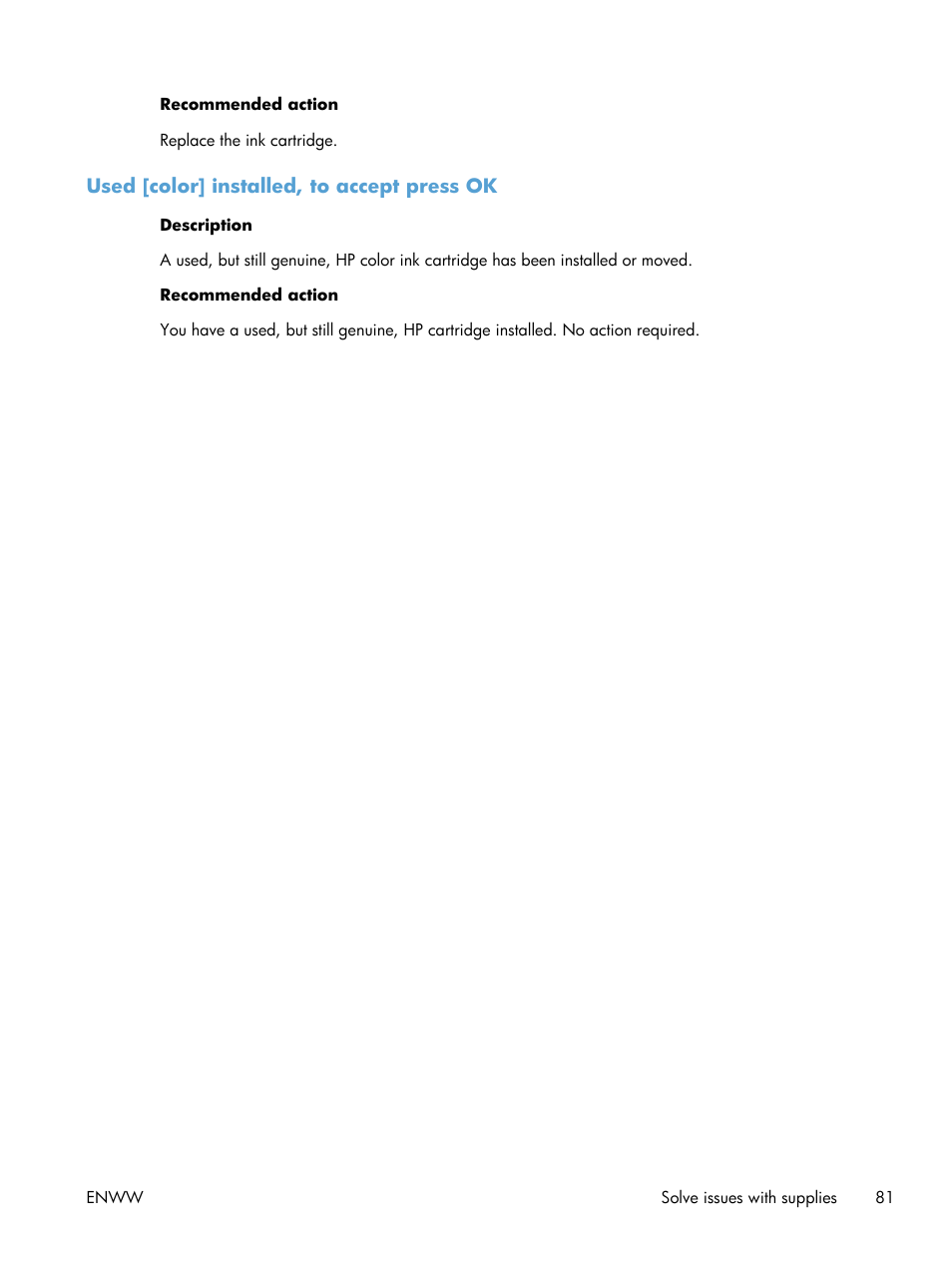 Used [color] installed, to accept press ok | HP Officejet Pro X551 Printer series User Manual | Page 95 / 250