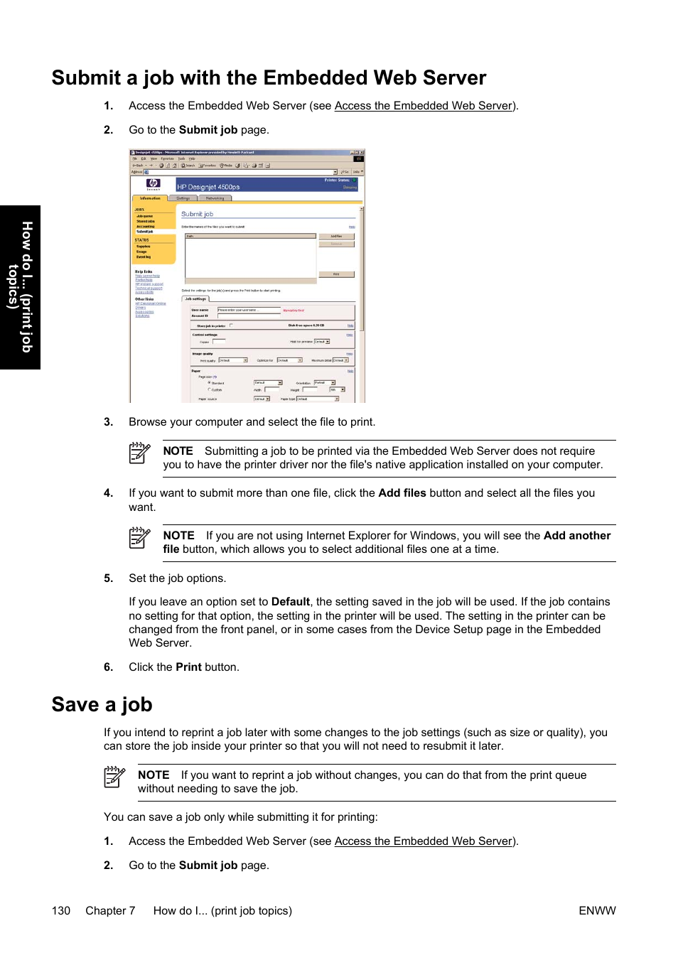 Submit a job with the embedded web server, Save a job | HP Designjet 4500 Printer series User Manual | Page 144 / 360