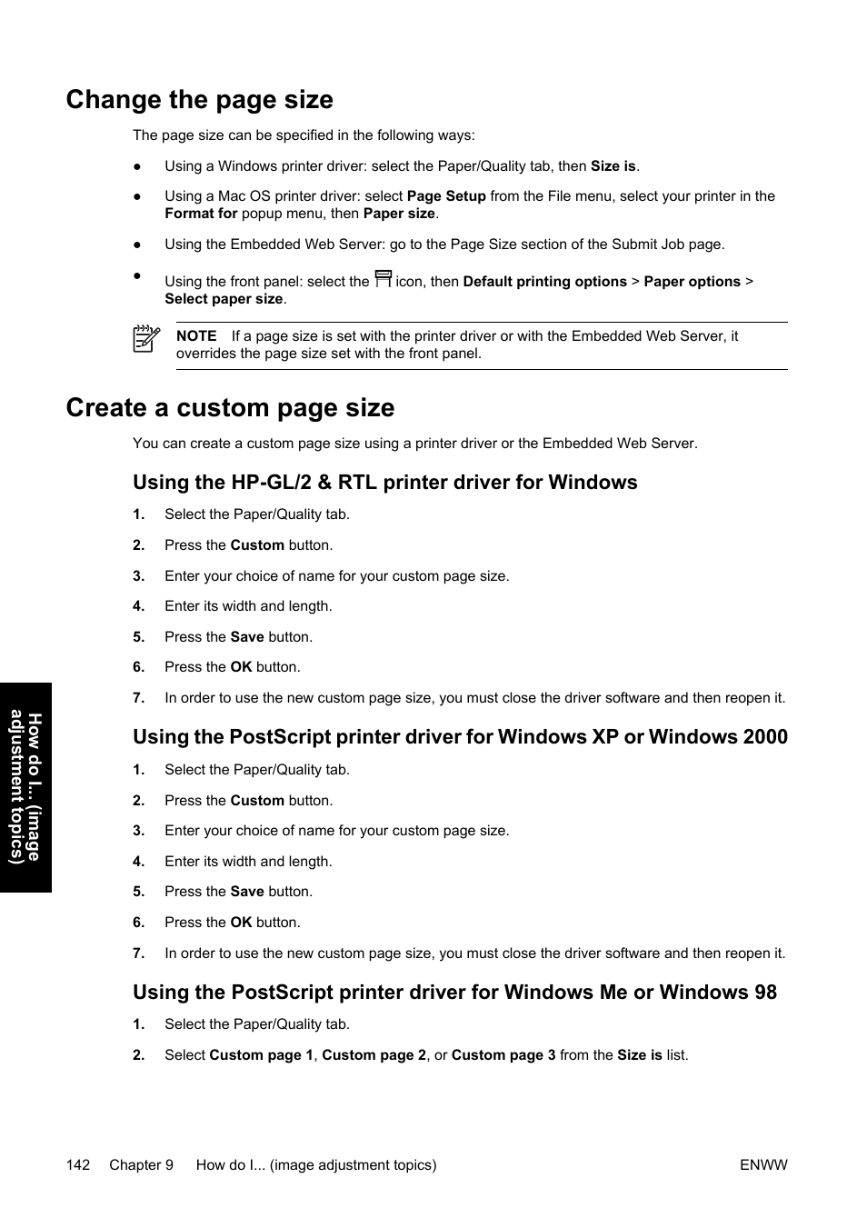 Using the hp-gl/2 & rtl printer driver for windows, Change the page size, Create a custom page size | HP Designjet 4500 Printer series User Manual | Page 156 / 360
