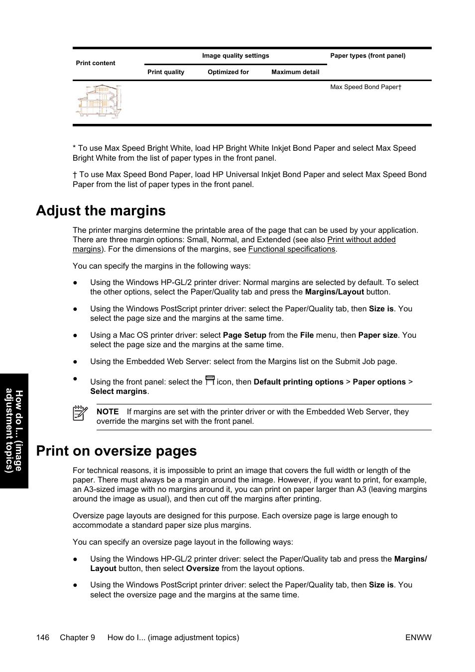 Adjust the margins, Print on oversize pages | HP Designjet 4500 Printer series User Manual | Page 160 / 360