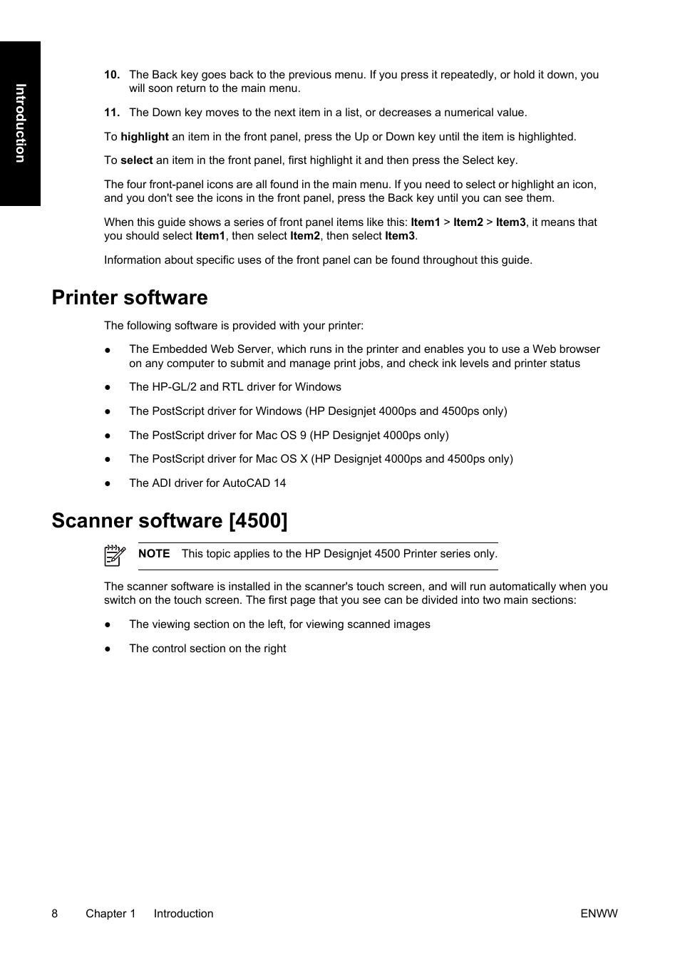 Printer software, Scanner software [4500, Printer software scanner software [4500 | HP Designjet 4500 Printer series User Manual | Page 22 / 360