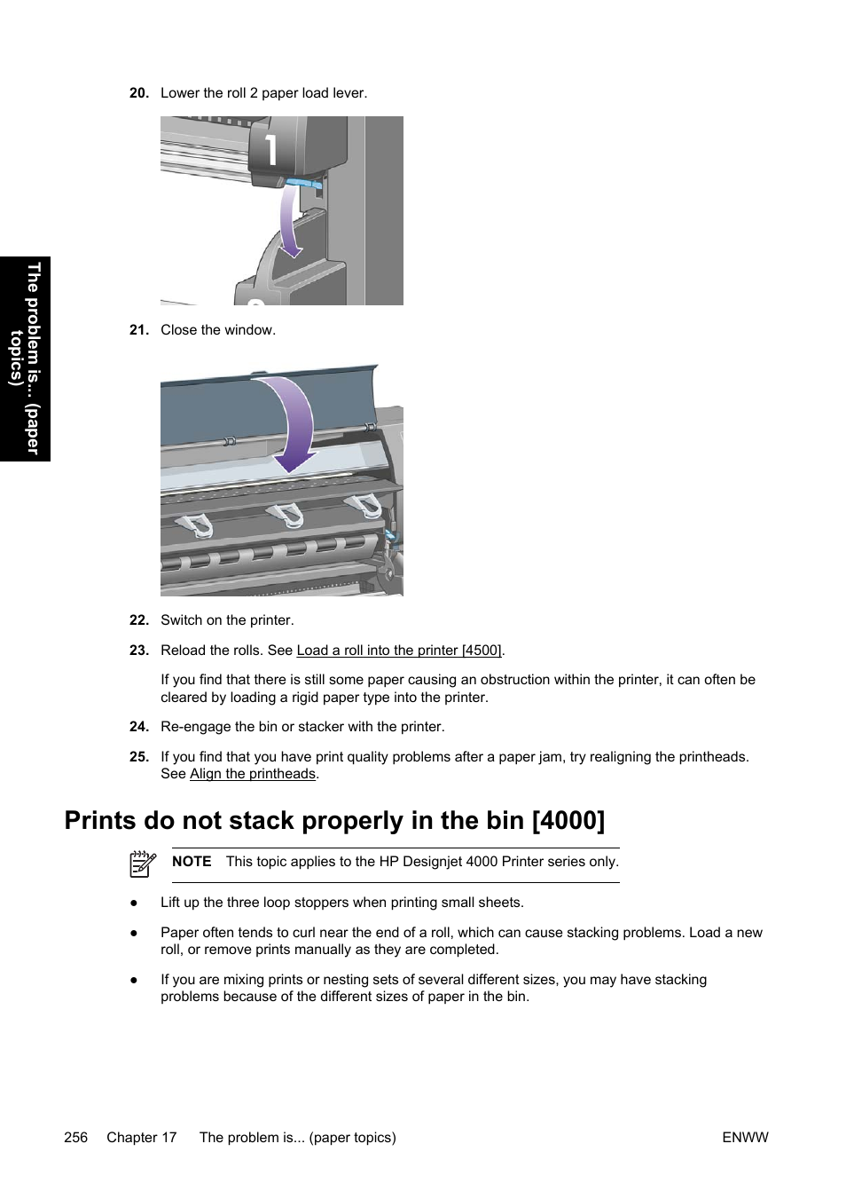 Prints do not stack properly in the bin [4000 | HP Designjet 4500 Printer series User Manual | Page 270 / 360