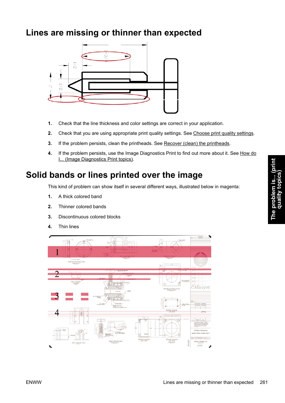 Lines are missing or thinner than expected, Solid bands or lines printed over the image | HP Designjet 4500 Printer series User Manual | Page 275 / 360