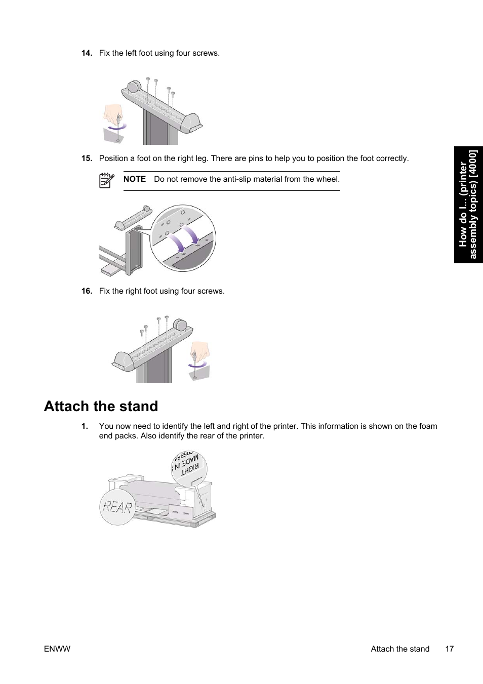 Attach the stand | HP Designjet 4500 Printer series User Manual | Page 31 / 360
