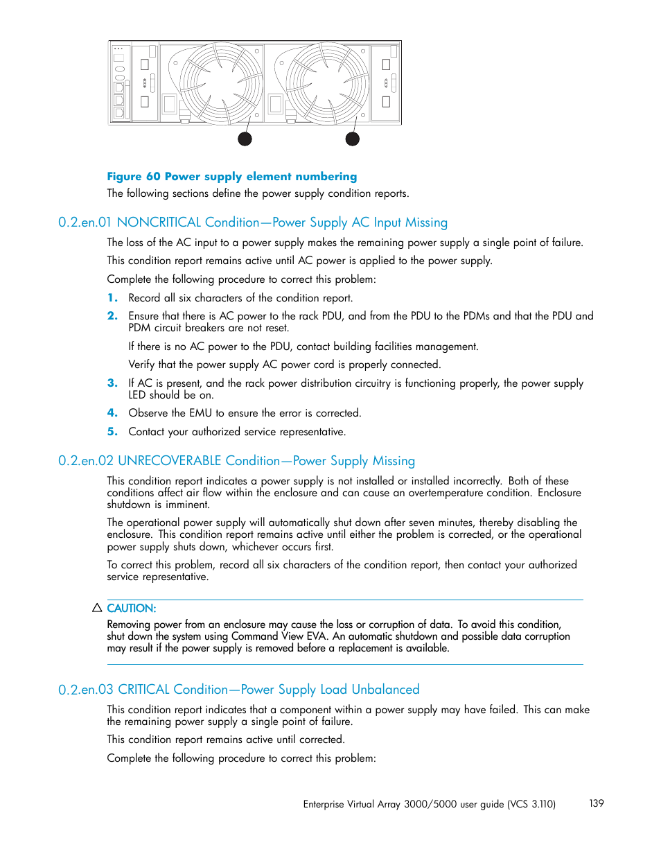 En.02 unrecoverable condition—power supply missing, Power supply element numbering | HP 3000 Enterprise Virtual Array User Manual | Page 139 / 188