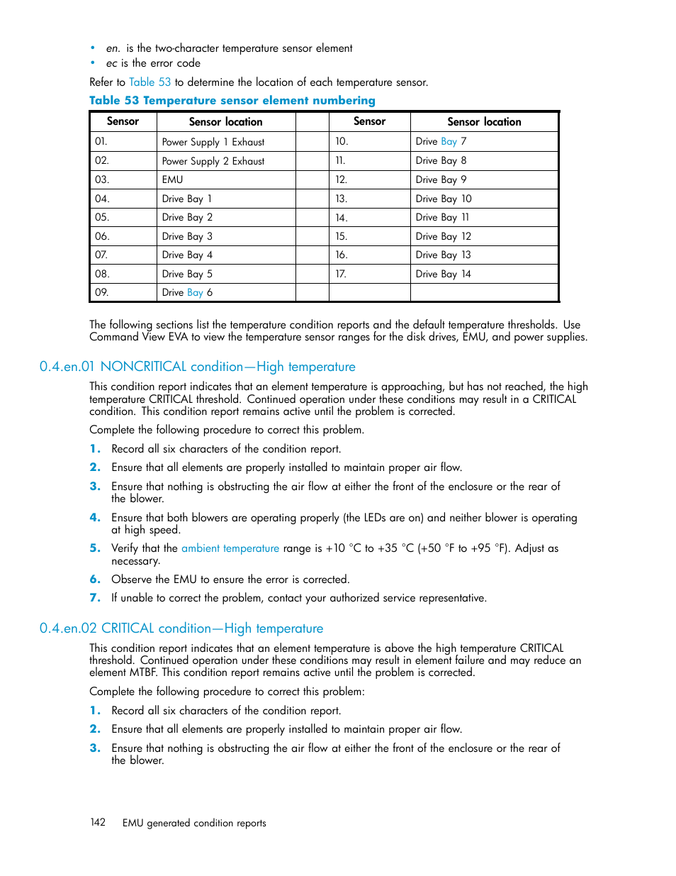 En.01 noncritical condition—high temperature, En.02 critical condition—high temperature, Temperature sensor element numbering | Table 53 | HP 3000 Enterprise Virtual Array User Manual | Page 142 / 188