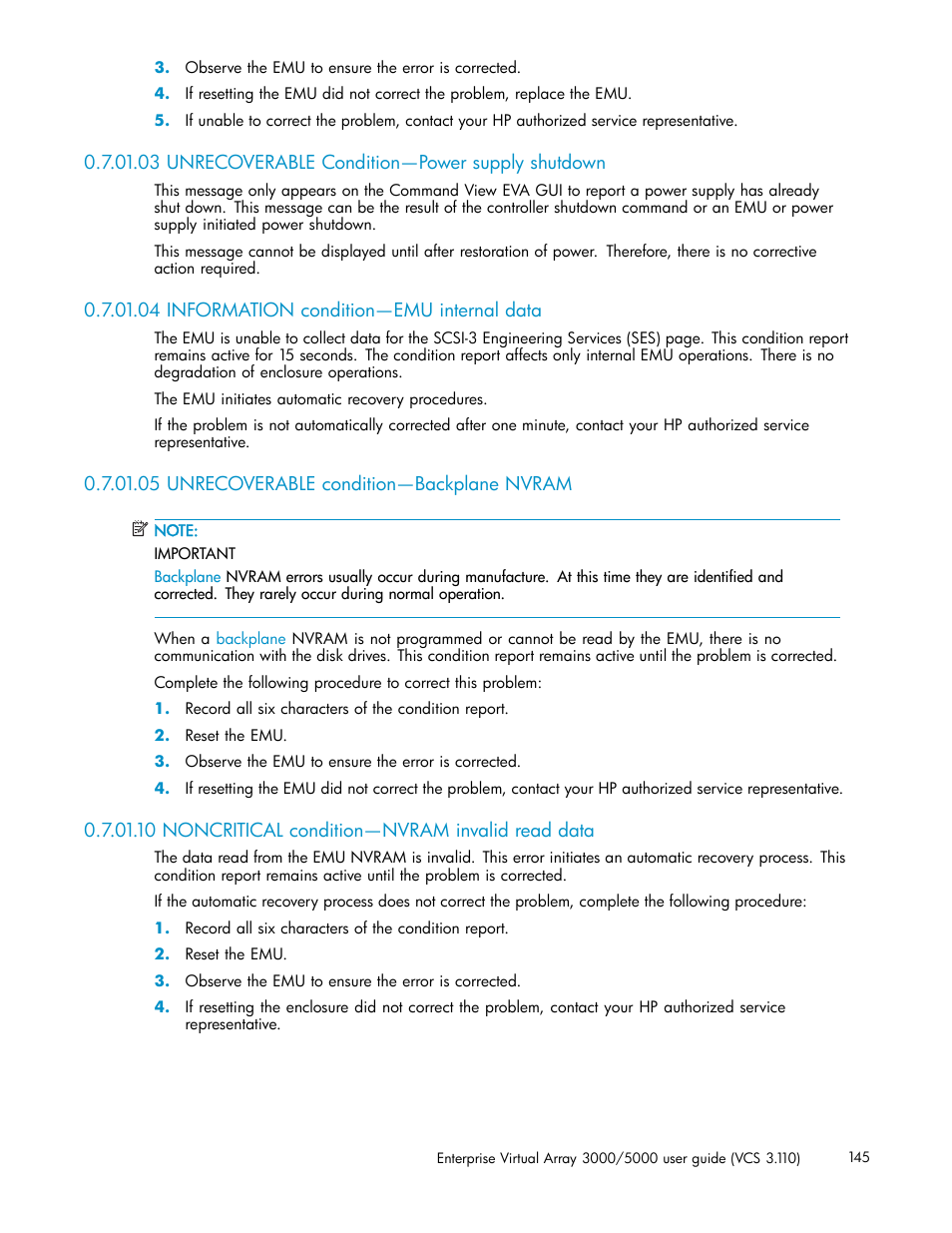 03 unrecoverable condition—power supply shutdown, 04 information condition—emu internal data, 05 unrecoverable condition—backplane nvram | 10 noncritical condition—nvram invalid read data | HP 3000 Enterprise Virtual Array User Manual | Page 145 / 188