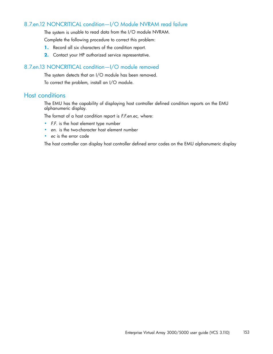 En.13 noncritical condition—i/o module removed, Host conditions | HP 3000 Enterprise Virtual Array User Manual | Page 153 / 188