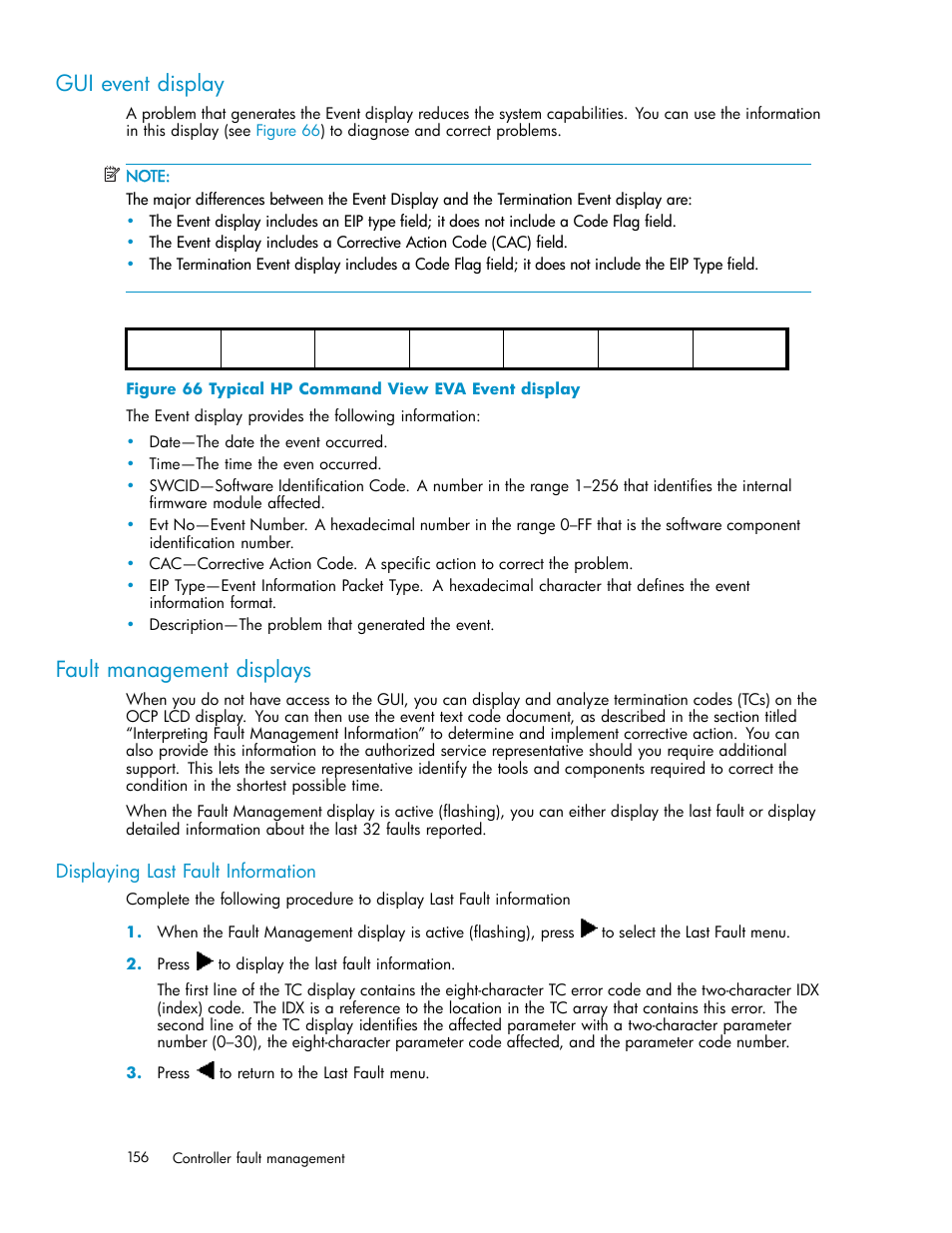 Gui event display, Fault management displays, Displaying last fault information | Typical hp command view eva event display | HP 3000 Enterprise Virtual Array User Manual | Page 156 / 188