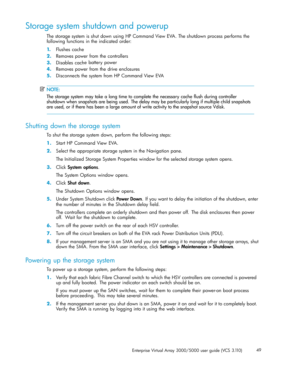 Shutting down the storage system, Powering up the storage system, Storage system shutdown and powerup | HP 3000 Enterprise Virtual Array User Manual | Page 49 / 188