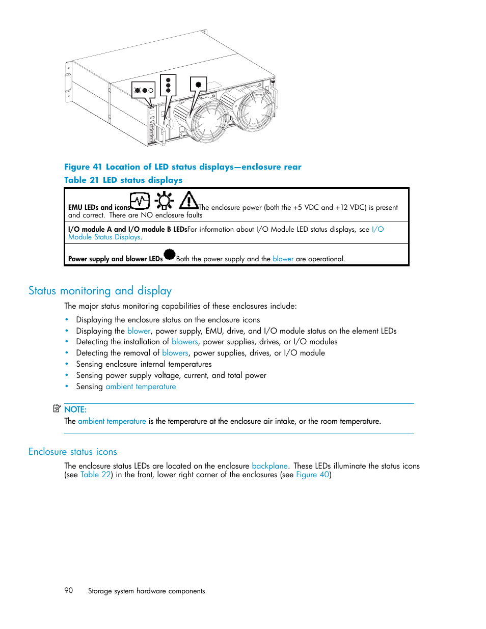 Status monitoring and display, Enclosure status icons, Location of led status displays—enclosure rear | Led status displays, Table 21, Figure 41 | HP 3000 Enterprise Virtual Array User Manual | Page 90 / 188